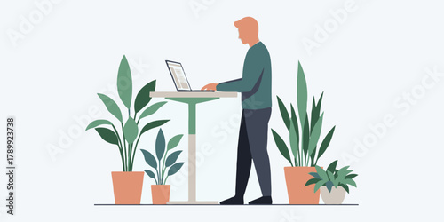 Work-Life Balance: A person at standing desk, amid an array of thriving plants, working with their laptop, blending modern work with nature's serenity