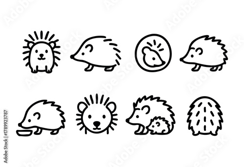 A set of eight adorable hedgehog illustrations in a simple, hand-drawn line art style. The hedgehogs are depicted in various poses, including eating, walking, and a mother with a baby. Perfect for chi
