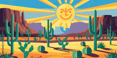 Desert Serenity under the Smiling Sun: A vibrant illustration depicts a serene desert landscape, where majestic cacti stand tall under the warm gaze of the sun.