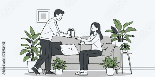 Gift of Moment: A tender moment unfolds as a man presents a gift to a seated woman, amidst a backdrop of serene home decor. It's a sweet gesture and a sign of love.
