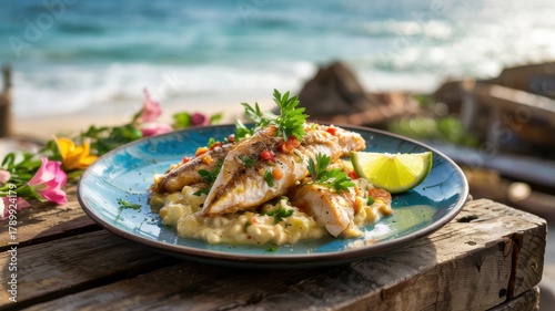 Fototapeta Naklejka Na Ścianę i Meble -  The national cuisine of Barbados.
Peek-a-boo and flying fish.