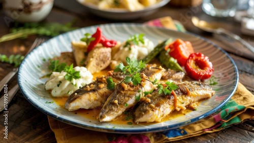 Fototapeta Naklejka Na Ścianę i Meble -  The national cuisine of Barbados.
Peek-a-boo and flying fish.