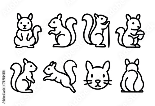 Set of eight line art squirrel illustrations in various poses, including sitting, standing, jumping, and holding an acorn. Perfect for children's books, websites, or app icons.
