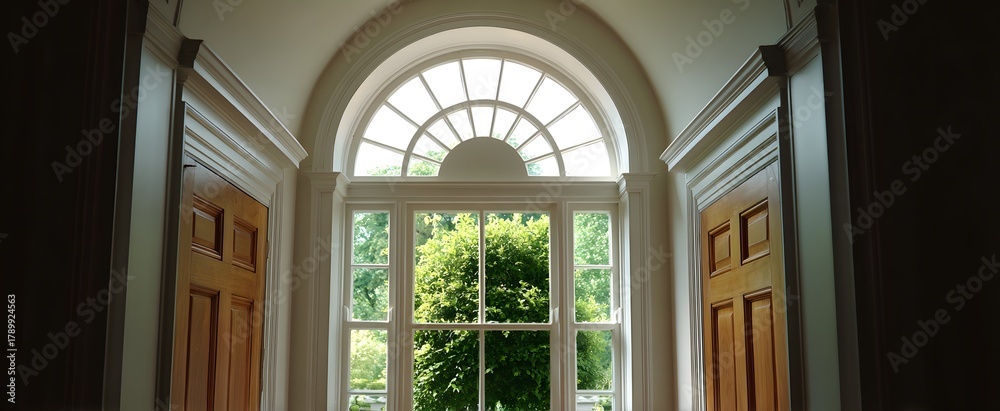 Fototapeta premium The fanlight window above the door allows natural light into the space.