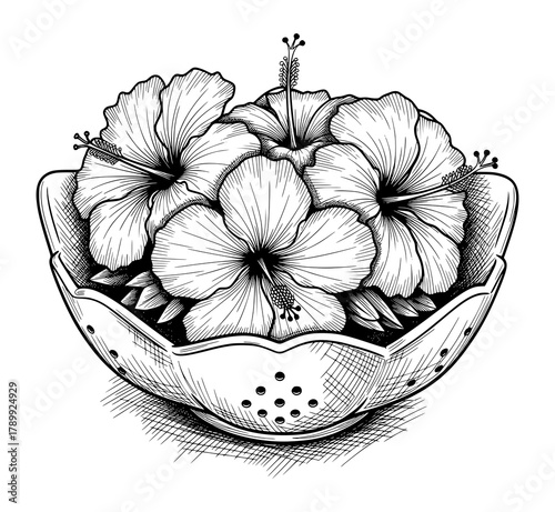 Hibiscus Flowers in Decorative Bowl. Elegant Black and White Botanical Vector Illustration for Wellness Concept.
