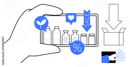 Hand holding smartphone displaying products with eco-friendly label, discount tag, and sale notification. Includes delivery box, payment method. Ideal for e-commerce, sustainability, discounts