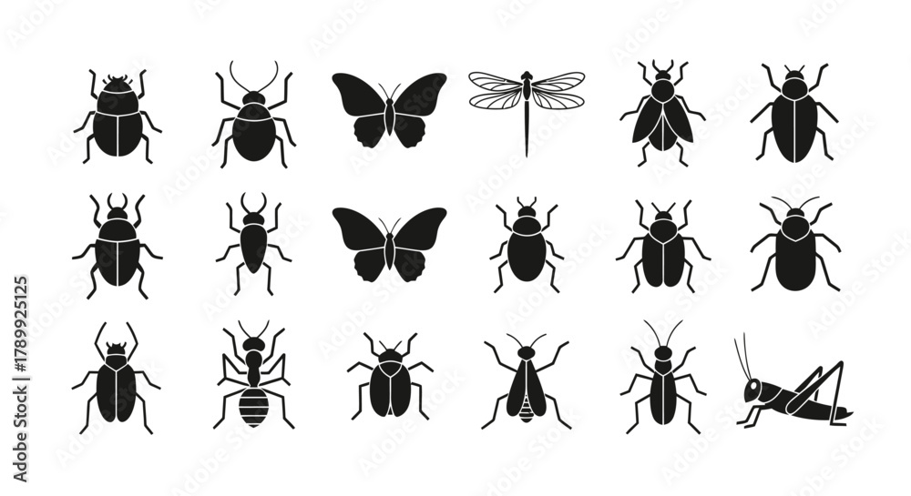 Fototapeta premium A collection of black silhouette icons featuring various insects such as beetles, butterflies, a dragonfly, an ant, and a grasshopper.