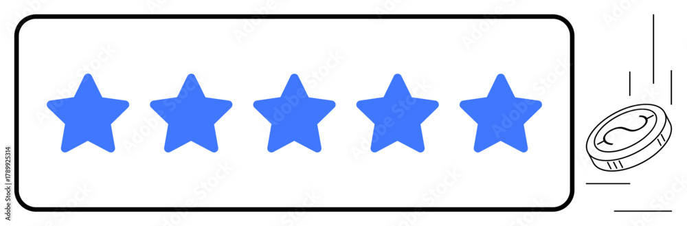 Obraz premium Five blue stars in a linear row, accompanied by a falling coin symbolizing recognition, reward, and success. Ideal for customer feedback, quality, achievement, loyalty, performance evaluation