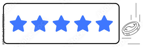 Five blue stars in a linear row, accompanied by a falling coin symbolizing recognition, reward, and success. Ideal for customer feedback, quality, achievement, loyalty, performance evaluation