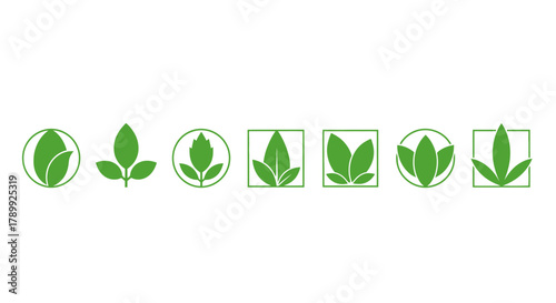 A collection of seven distinct green leaf logos and icons, symbolizing nature and organic themes.