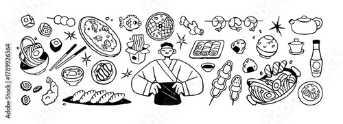 Asian food doodle set. Outline meals of Japanese, Chinese and Korean cuisines. Chef from Asia with eating: noodles, sushi, fish, rice balls, onigiri. Hand drawn isolated vector illustrations on white