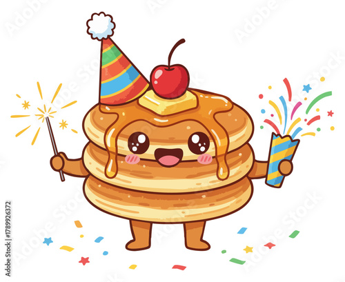 Pancake Birthday celebration mascot. Cute stack of pancakes with party hat. Happy breakfast food character celebrating. Kawaii pancakes with syrup and confetti. Dessert party icon, vector graphic