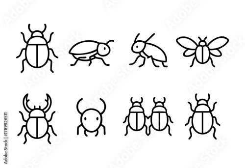 Collection of eight line art beetle and insect icons. Simple, black line illustrations on a white background. Perfect for use in design projects related to nature, entomology, or pest control.