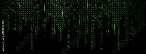 Green binary rain background in matrix style. Hightech cyber code with glowing numbers.