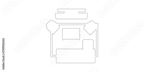 CAD Drawings. Outline Living room layout with sofa, coffee table, rug, armchairs, and TV unit. Vector illustration.