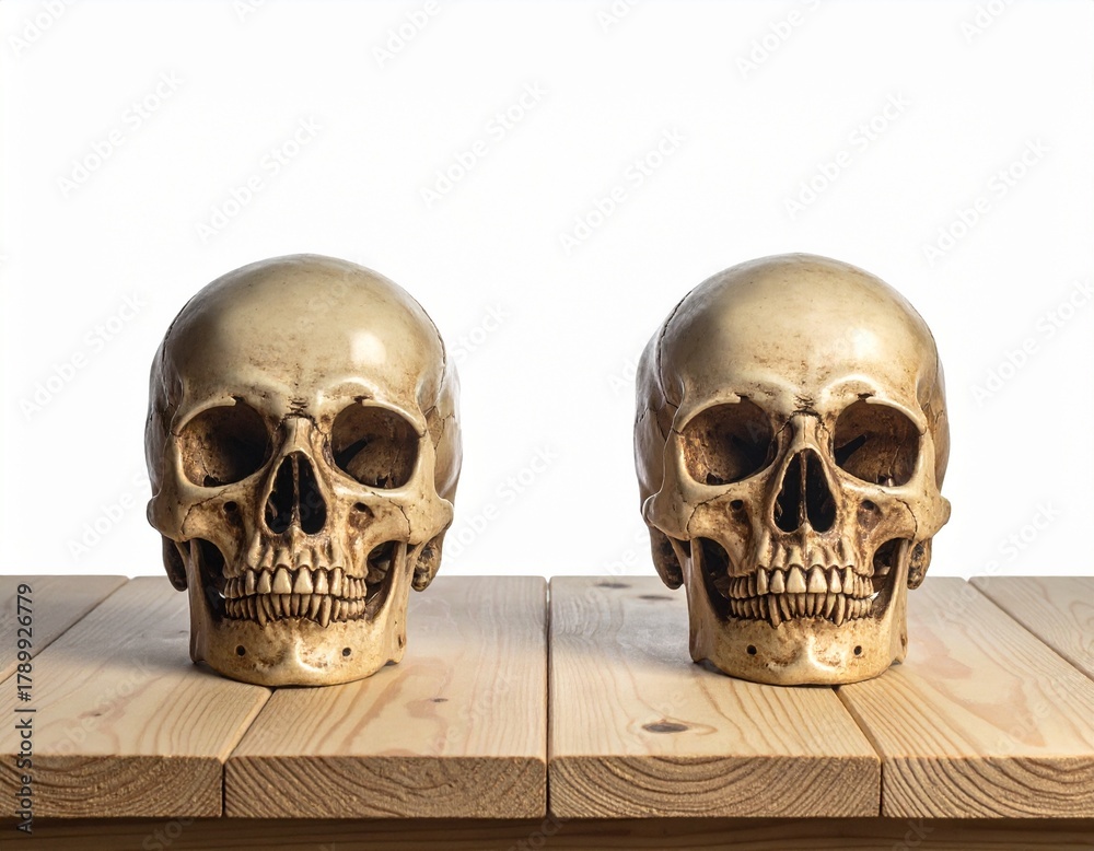 Naklejka premium Two golden human skulls placed on a parallel wooden surface, luxury and dark humor concept