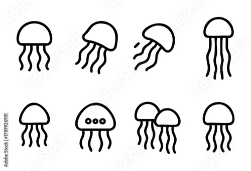 Set of eight simple line art jellyfish illustrations. Different poses and variations are included, suitable for various design purposes.