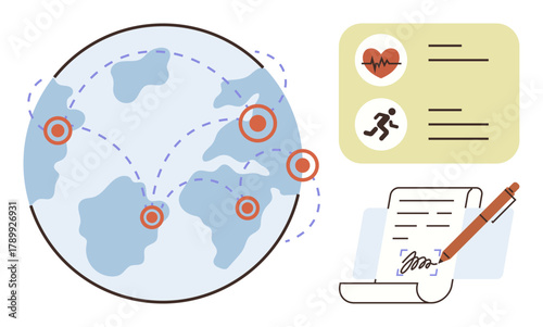 Globe with dotted routes connecting regions, medical chart with heart and activity icons, pen signing document. Ideal for health, global network, data sharing, technology, medical research