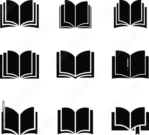silhouette Open black book side perspective drawing icons minimal back book notebook on the upside down outline laying open book vector illustration, Black Open Book Icon Book icon vector Set