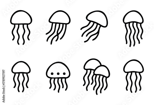 Set of eight simple line art jellyfish illustrations. Various poses and styles are included, perfect for children's books, websites, or app icons.