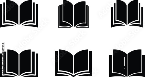 silhouette Open black book side perspective drawing icons minimal back book notebook on the upside down outline laying open book vector illustration, Black Open Book Icon Book icon vector Set