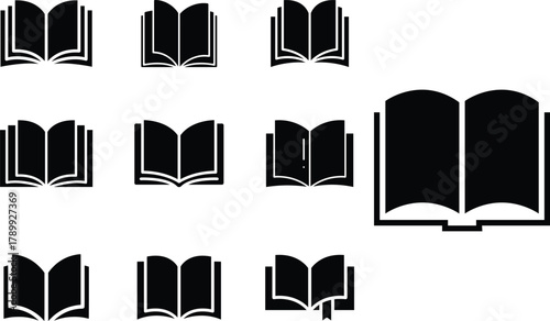 silhouette Open black book side perspective drawing icons minimal back book notebook on the upside down outline laying open book vector illustration, Black Open Book Icon Book icon vector Set