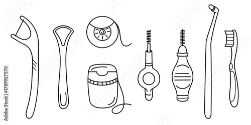 Clean black outline doodle illustration of various dental hygiene tools including toothbrush, floss, floss picks, tongue cleaner, interdental brushes and oral irrigator. Perfect for use in medical