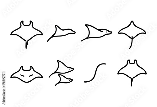 A set of stylized line art illustrations of manta rays in various poses and perspectives. The simple, bold outlines create a clean and modern aesthetic.