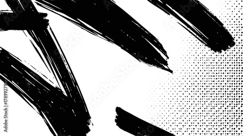 Abstract black brush strokes and halftone dots on white