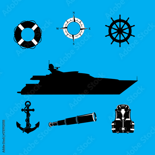 Vector silhouette of a set of marine equipment, anchor, life jacket, compass, binoculars and rudder