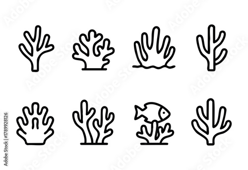 Set of eight line art illustrations depicting various types of seaweed and coral, including one with a small fish. Perfect for marine biology, oceanography, or underwater-themed designs.