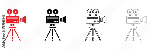 Video Camera icon vector set, camera tripod, movie camera icon vector, silhouette and line art