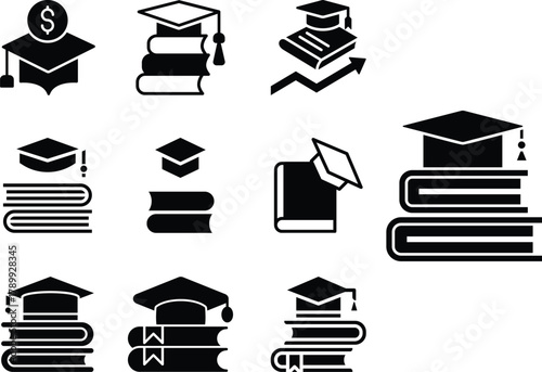 solid graduation hat icon with books Set icons of education, studying and science. Includes human brain, fields of study, graduation, school, university and knowledge. 