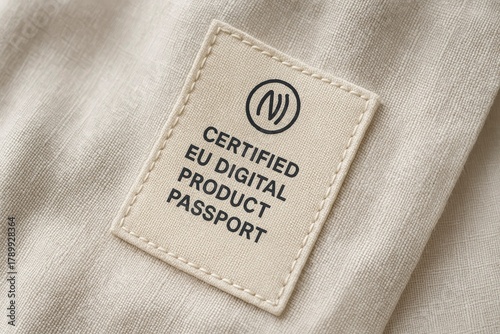 A close-up of a fabric label displaying 'Certified EU Digital Product Passport' with a QR code symbol. The label is beige with black text and stitching.