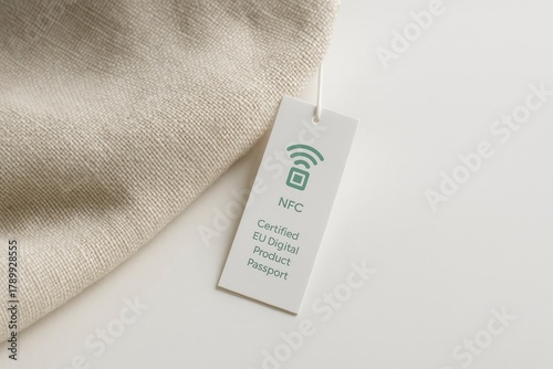A close-up of a digital product passport label attached to a fabric. The label features a QR code and NFC symbol, indicating certification for EU product standards.
