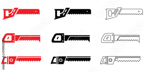 hand saw vector icon set, wood cutter vector, carpentry tools icon vector, silhouette and line art