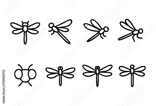 Collection of eight simple line art dragonfly illustrations in various poses, including a single fly. Perfect for children's books, websites, or app design.