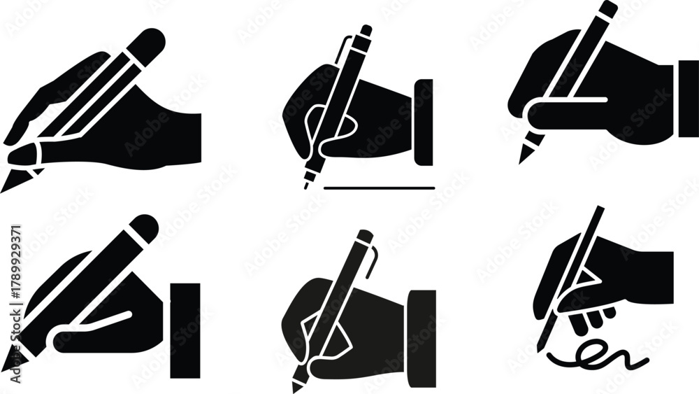 © Adobe - Modern writing icon vector An icon illustrating a hand gripping a pen, write symbol styled as a silhouette vector on a white background. Hand Writing Icon writing glyph icon