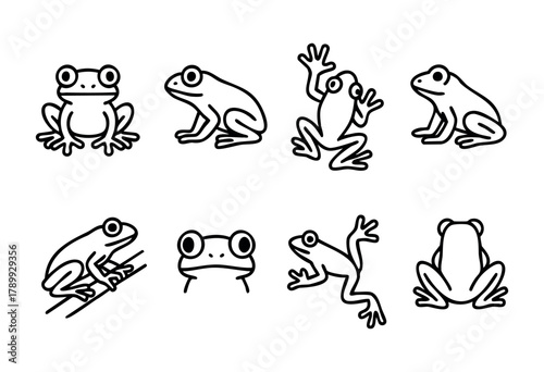 A set of eight line art illustrations of frogs in various poses. The frogs are simple, cartoonish designs with bold outlines and no fill. Perfect for children's books, educational materials, or playfu