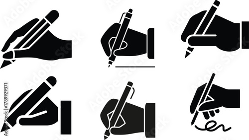 Modern writing icon vector An icon illustrating a hand gripping a pen, write symbol styled as a silhouette vector on a white background. Hand Writing Icon writing glyph icon