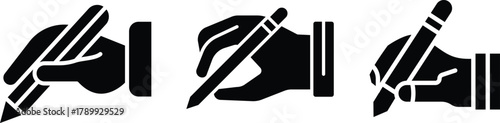Modern writing icon vector An icon illustrating a hand gripping a pen, write symbol styled as a silhouette vector on a white background. Hand Writing Icon writing glyph icon