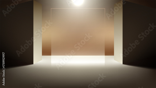Modern elegant stage design for product presentation or exclusive showroom entrance with geometric architecture and blank central lighted panel