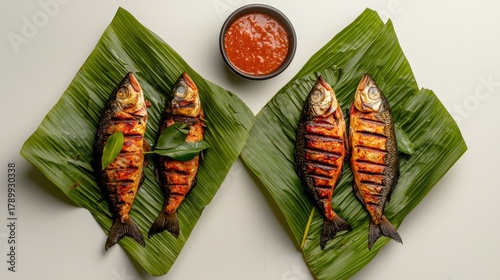 Traditional grilled fish served on large green banana leaves with spicy red sauce accompanying a flavorful Asian-style seafood dish