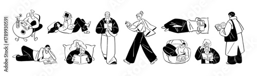Doodle outline set of reading people. Characters with books in different poses. Men and women enjoy novels and stories, study with textbooks. Flat hand drawn vector illustrations on white background