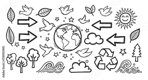 Hand drawn doodle collection of ecology and nature icons. Set of environmental symbols like earth, recycle, leaf, and bird for sustainable concepts and earth day projects