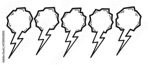 Set of hand drawn lightning bolt speech bubbles for comic style text. Doodle thunderbolt text boxes for expressing anger shock or energy. Monochrome sketch dialogue balloons isolated