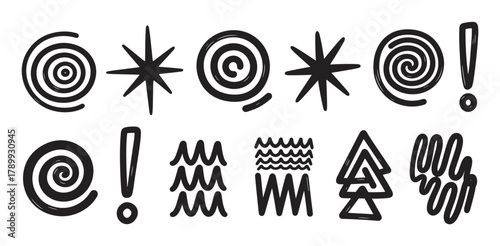 Hand drawn abstract shapes and doodle elements collection. Minimalist graphic icons with a rough brush texture for modern design. Creative primitive symbols for decoration or branding