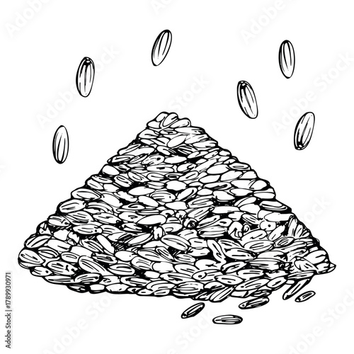 Seeds nut kernels heap of lavender lavandula rice sketch hand drawn in vector ink. French Provence, cosmetics spa aromatherapy. Single object isolated illustration. Seed packet art, home apothecary