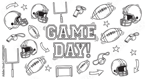 American football doodle set with game day text and sports equipment. Hand drawn collection of helmets, balls, and goal posts in a sketch style for fan decorations