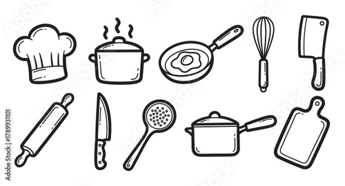Hand drawn collection of kitchen and cooking icons in a doodle style. Set includes chef hat, pot, pan, knife, and other culinary equipment for restaurant or food branding